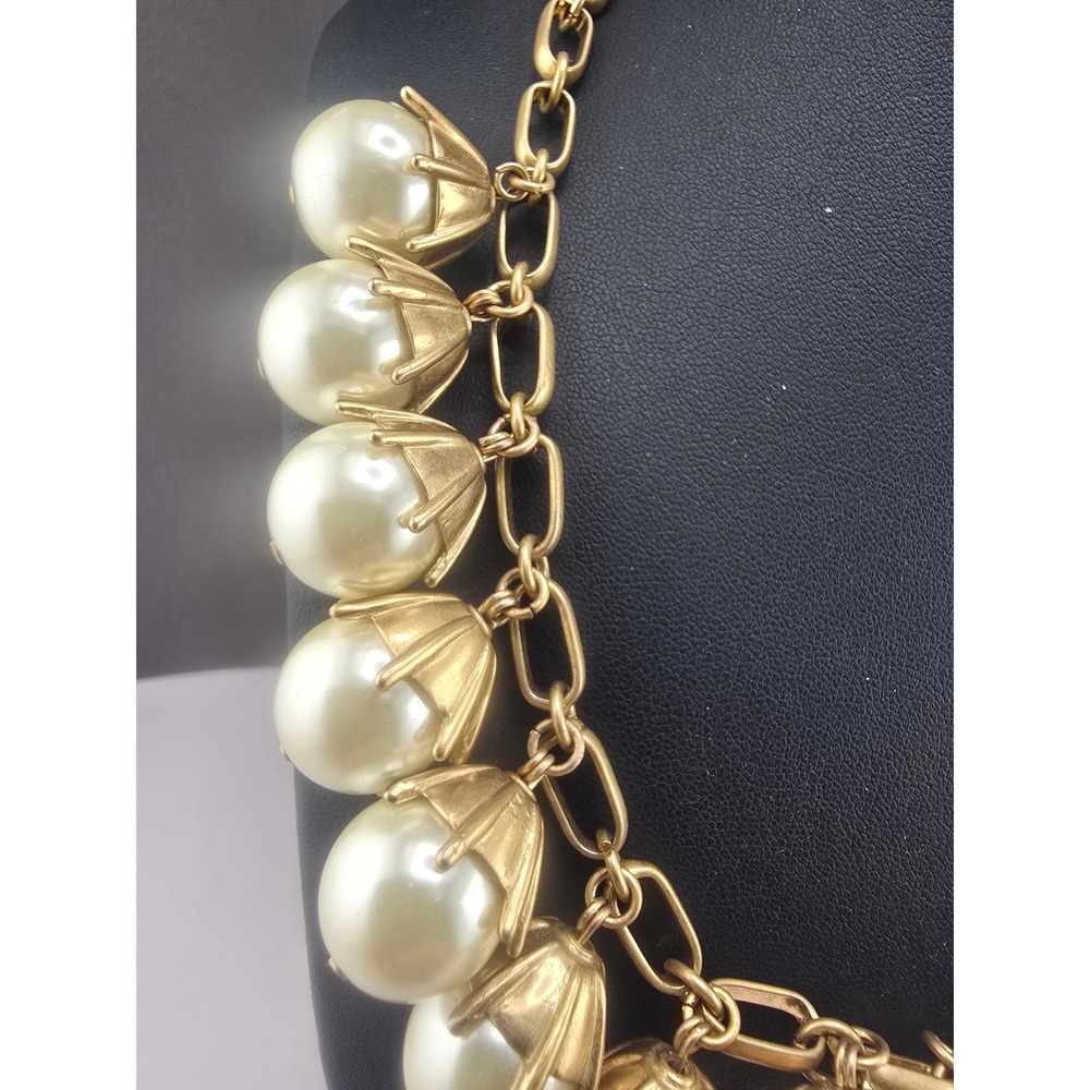 Estate J.Crew  Necklace Gold Tone Faux Pearl Tulip Cap Statement Chunky 17in